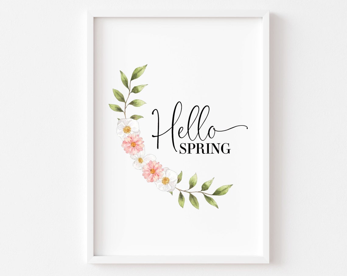 Hello Spring Watercolor Floral Wreath Botanical Minimalist Poster