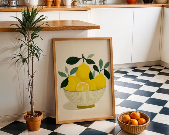 Lemon Bowl Art Print Kitchen Wall Dcor Fresh Fruit Illustration Modern Minimalist Food Yellow Botanical Mediterranean