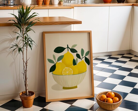 Modern Lemon Bowl Minimalist Citrus Kitchen Illustration Art Poster