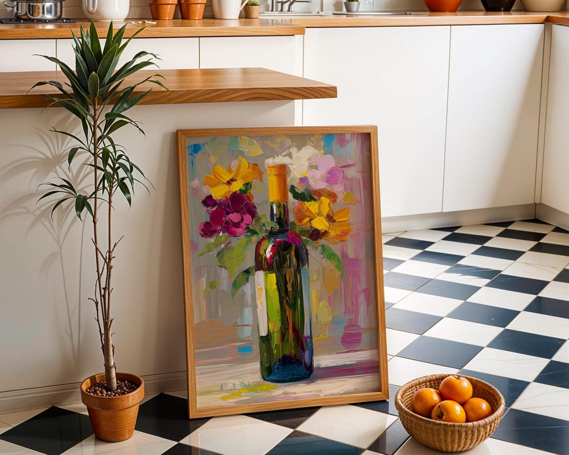 Impressionist Wine Bottle Colorful Flowers Kitchen Art Painting Poster