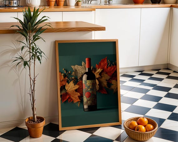 Autumn Wine Bottle Print Rustic Fall Floral Kitchen Wall Art Poster