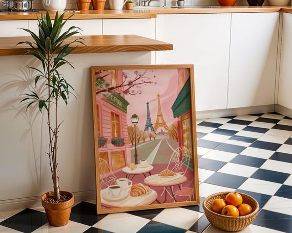 Paris Caf Art Print Cosy French Coffee Shop Illustration Croissant And Eiffel Tower Wall Warm Pastel Dcor Travel Poster