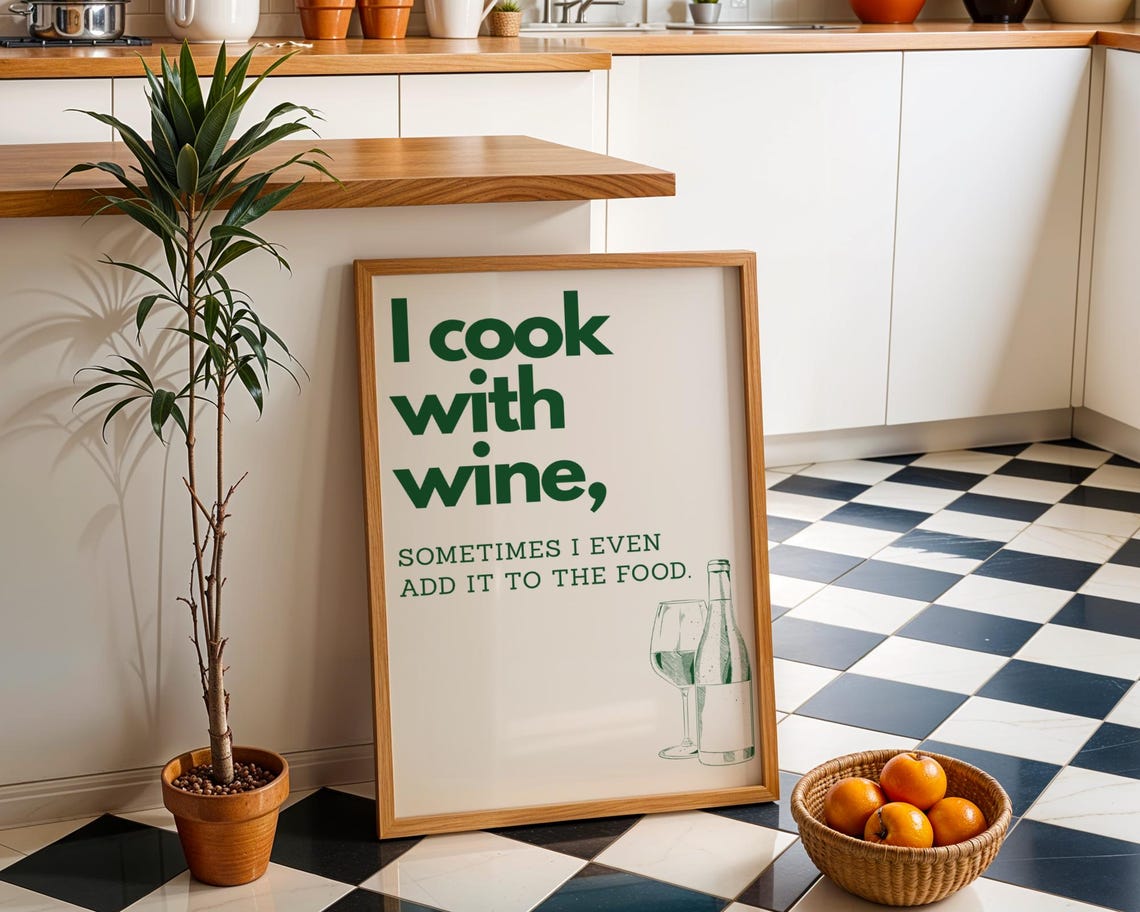 I Cook With Wine Funny Green Kitchen Quote Retro Cooking Poster