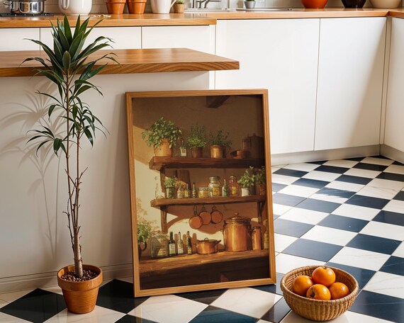 Rustic Kitchen Shelf Herbs Copper Pots Farmhouse Pantry Wall Poster