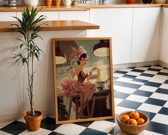 Retro Showgirl Cooking Pasta Glamorous Kitchen Pin Up Art Poster