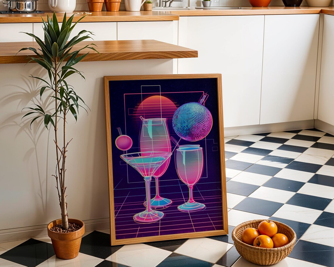 Neon Cocktail Trio Champagne Flute Martini Sunset Bar Wall Art