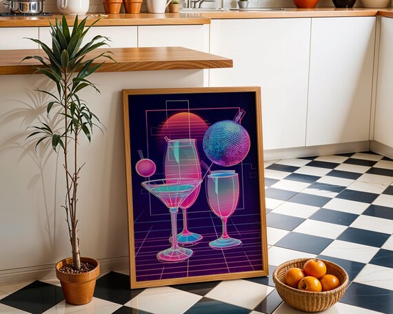 Neon Cocktail Trio Champagne Flute Martini Sunset Bar Wall Art