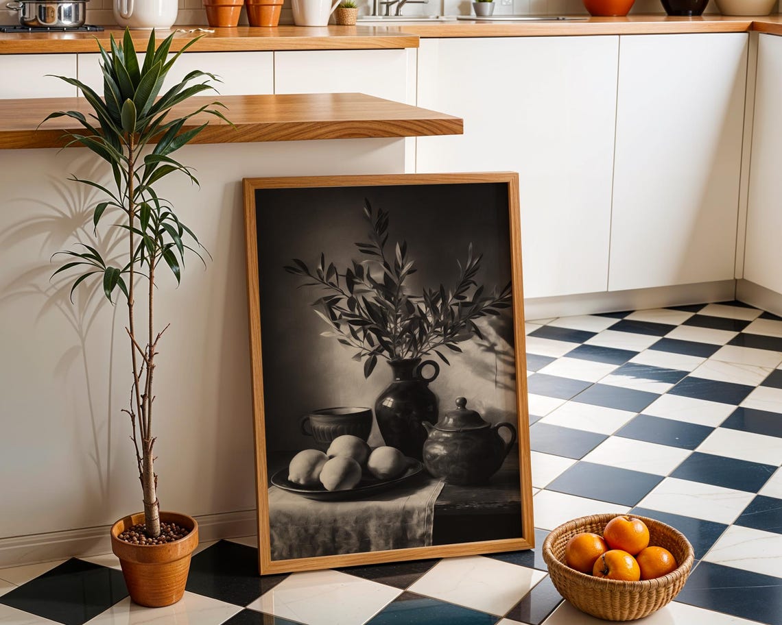 Black And White Still Life Lemons Ceramic Pottery Rustic Kitchen Print