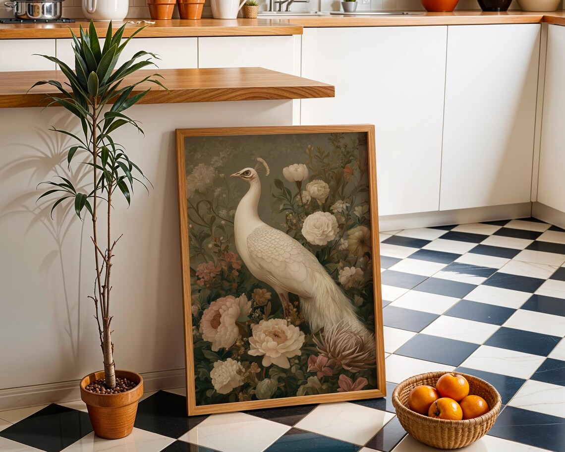 White Peacock Wall Art Neutral Boho Bird Print Elegant Nature Illustration Minimalist Botanical Dcor Modern Living Room Artwork
