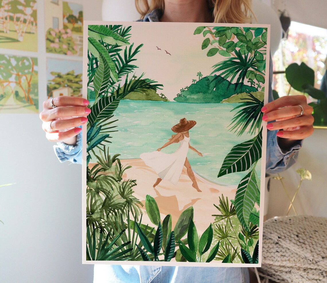Beach Girl In White Dress Turquoise Ocean Palm Leaves Watercolor Print - Image 3