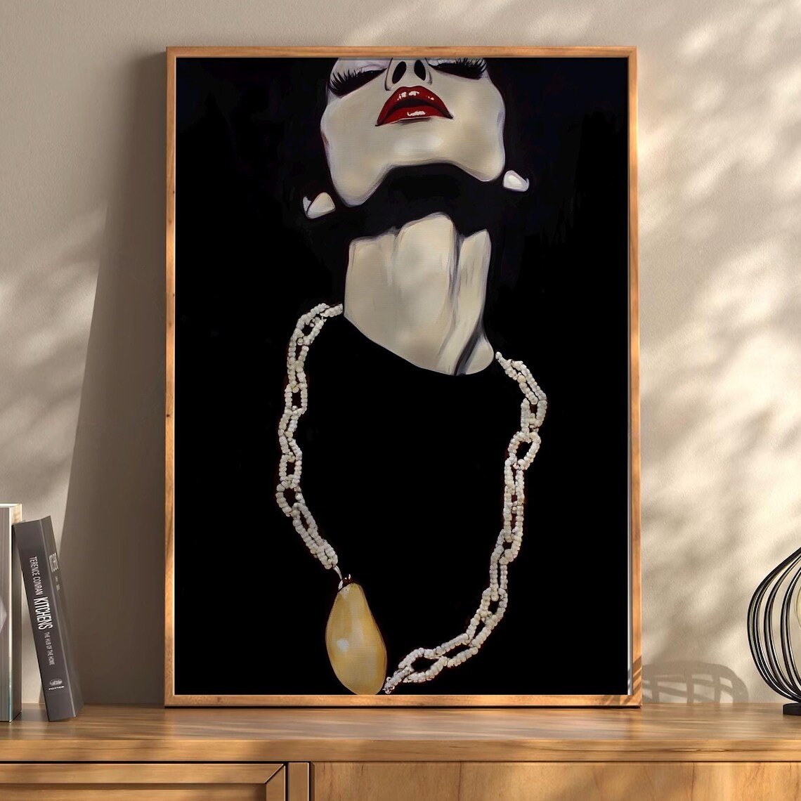 Glamorous Woman Red Lips Pearls Black Fashion Portrait Poster