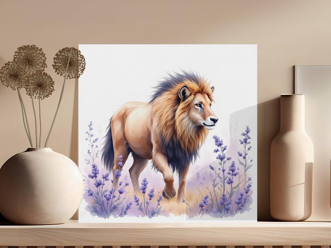 Majestic Lion Striding Through Lavender Watercolor Nature Poster - Image 3