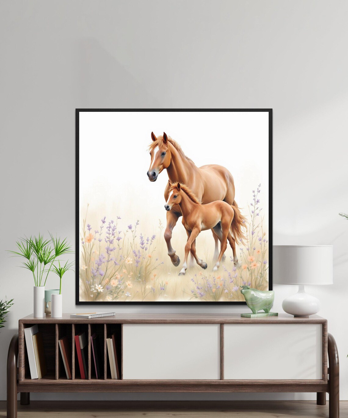 Horse and Foal Strolling Through Lavender Watercolor Farmhouse Poster