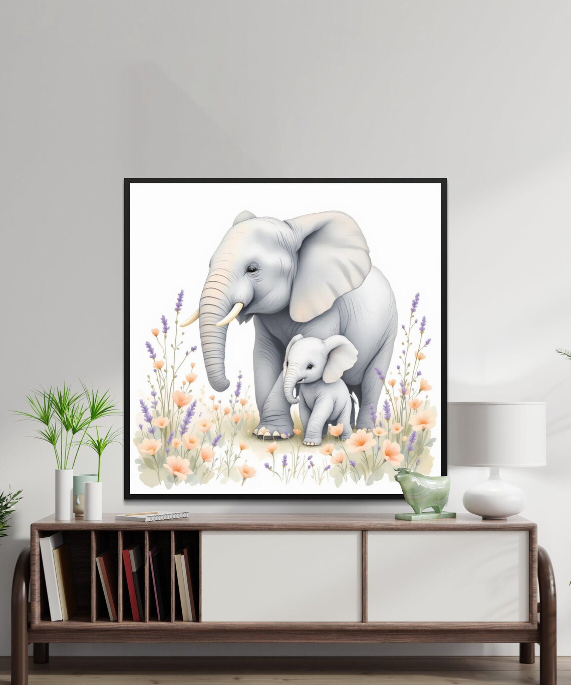 Mother Elephant and Calf in Wildflowers Watercolor Nursery Poster