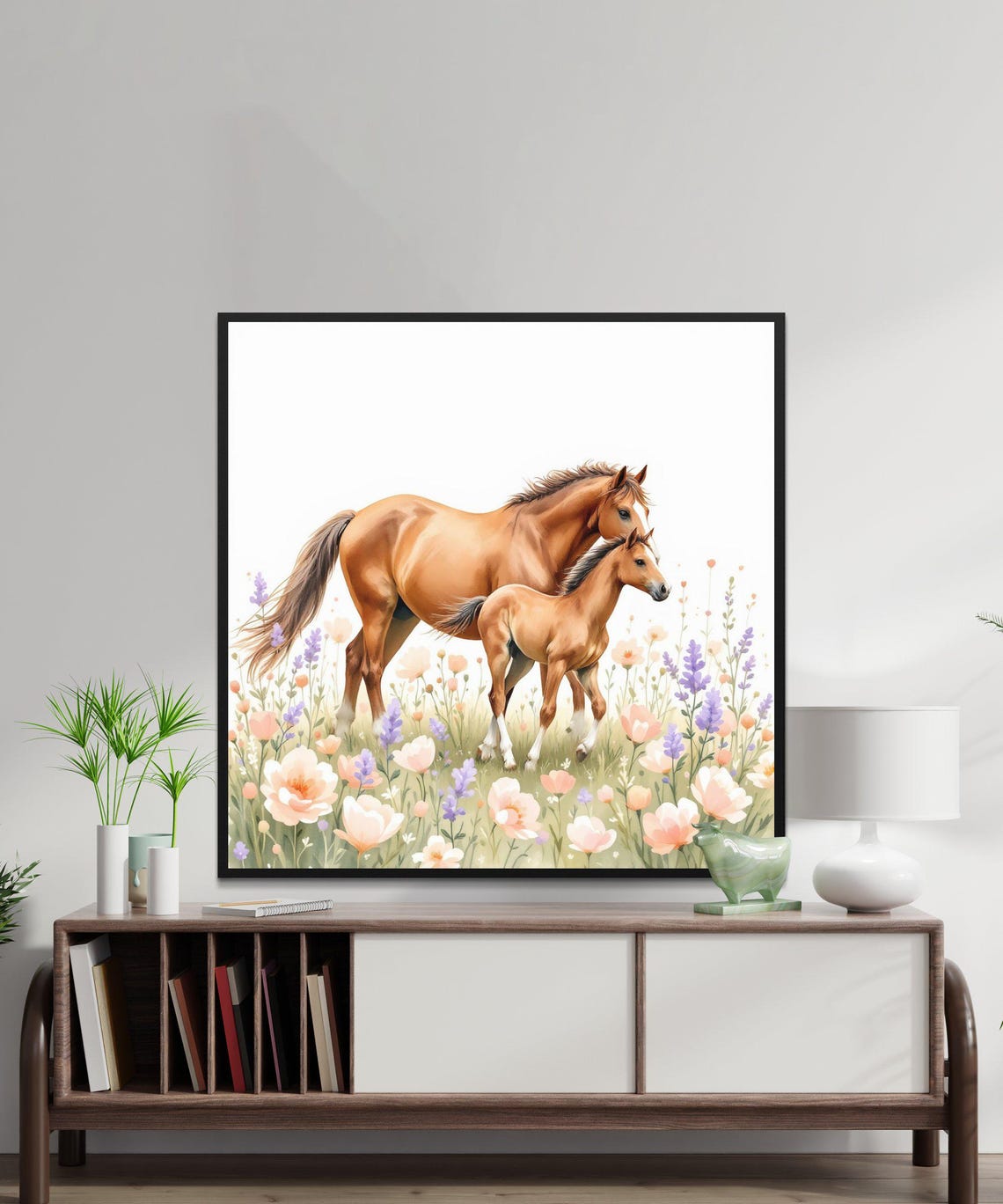 Wall Art Print Mother Horse And Foal Watercolour Art Horse Print Farmhouse Animal Wall Art Floral Horse Decor Instant