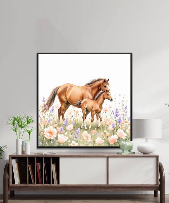 Wall Art Print Mother Horse And Foal Watercolour Art Horse Print Farmhouse Animal Wall Art Floral Horse Decor Instant