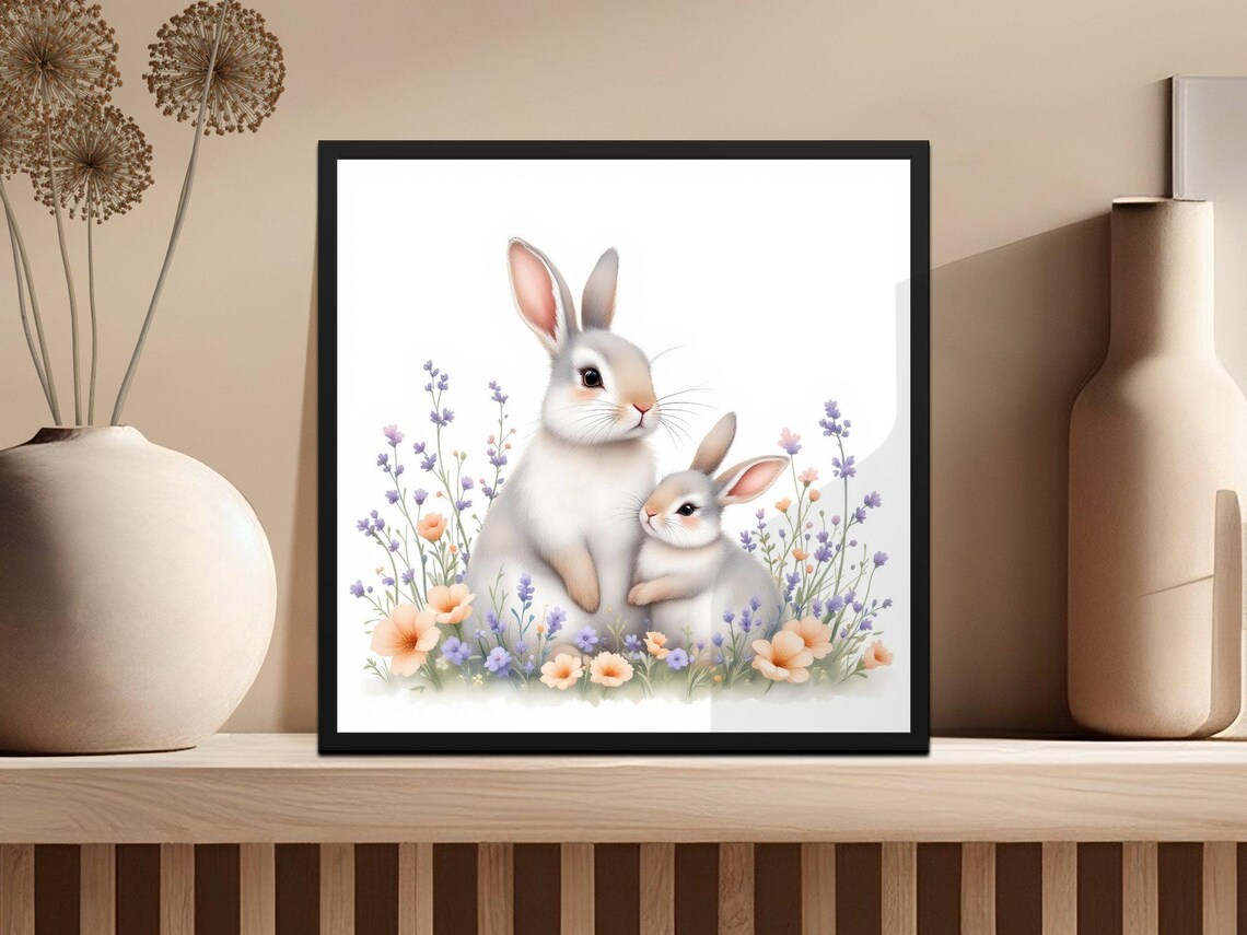Mother Bunny and Baby Bunny in Wildflowers Watercolor Poster