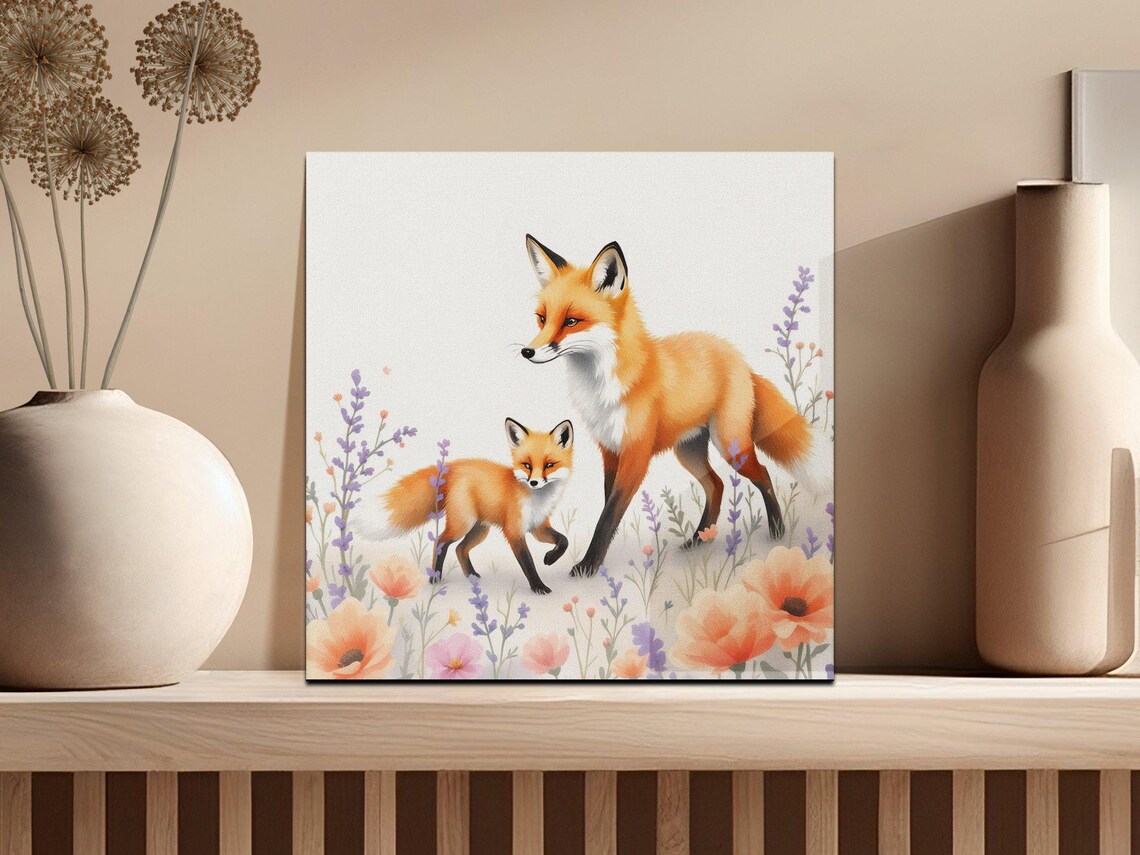 Mother Fox and Cub in a Wildflower Field Watercolor Nursery Poster - Image 2