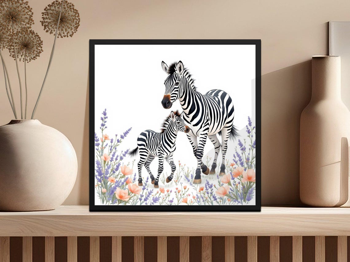 Zebra Mother and Baby Zebra in Wildflowers Watercolor Art Poster - Image 3