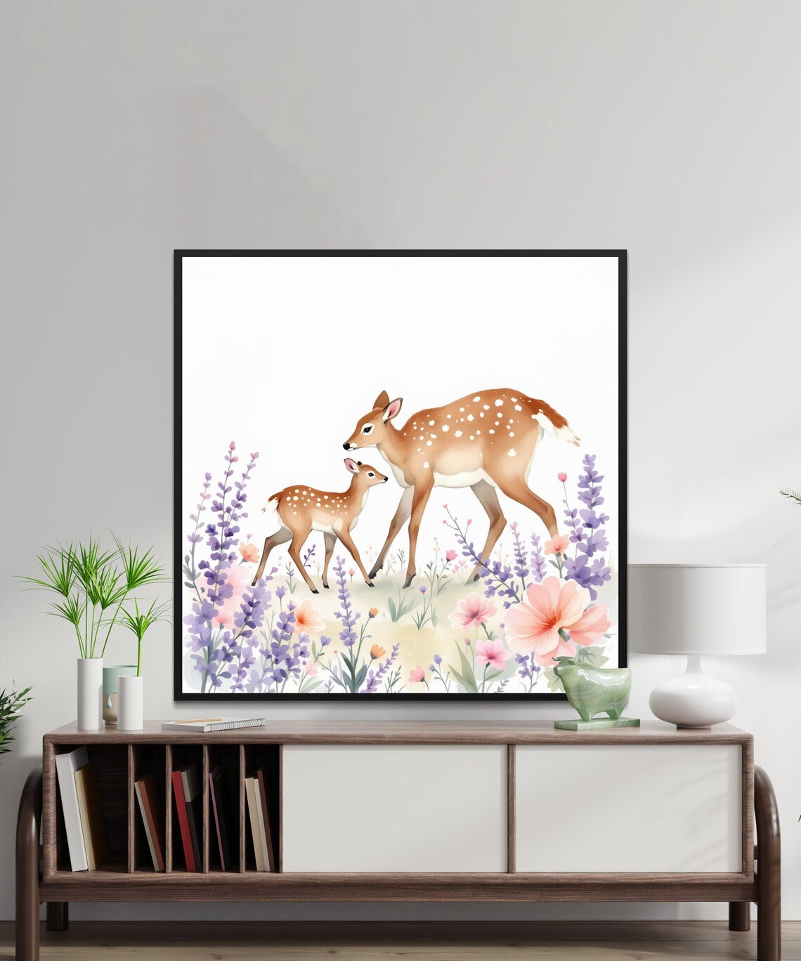 Mother Deer and Fawn in a Wildflower Field Watercolor Poster