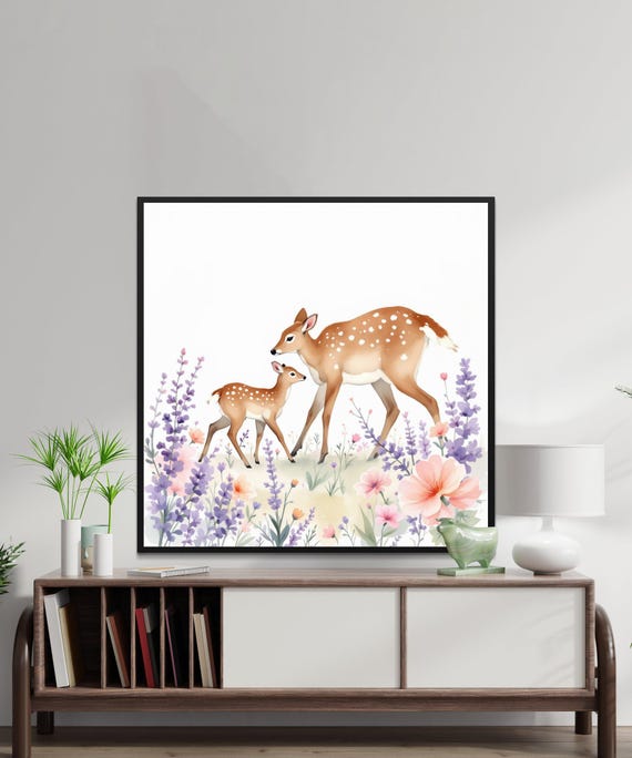 Mother Deer And Fawn Wall Art Print Watercolour Animal Art Floral Decor Kids Room Art Nursery Decor Nature Print