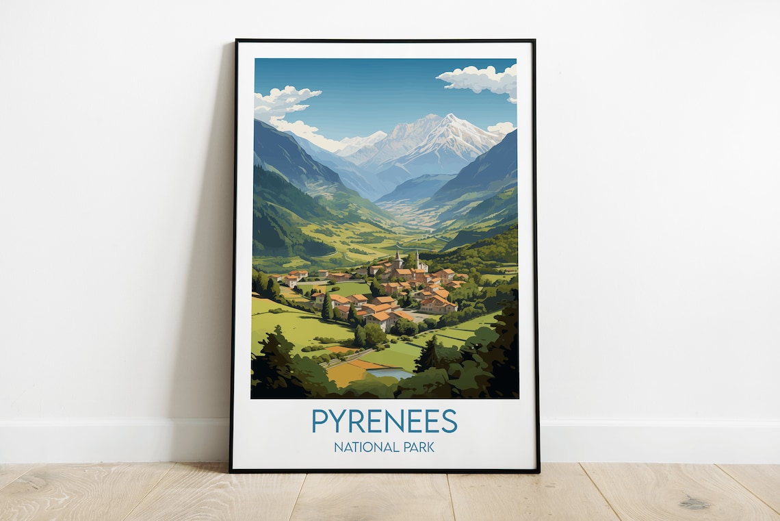 Pyrenees National Park Vintage Alpine Village Mountain Travel Poster