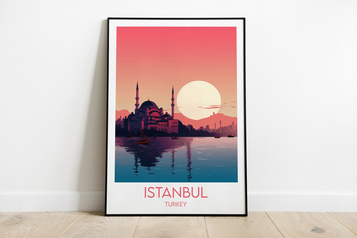 Istanbul Turkey Mosque Sunset Water Reflection Travel Poster