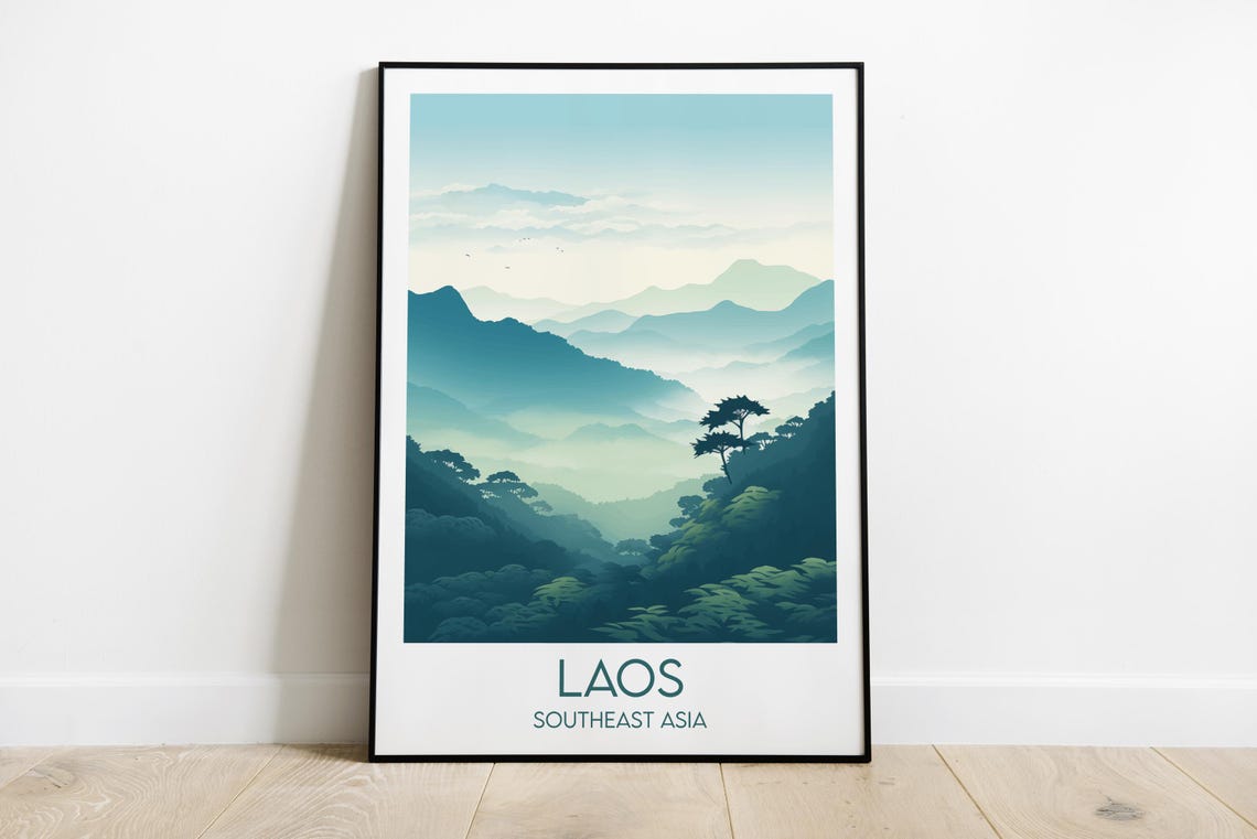 Minimalist Blue Laos Southeast Asia Misty Mountains Travel Poster