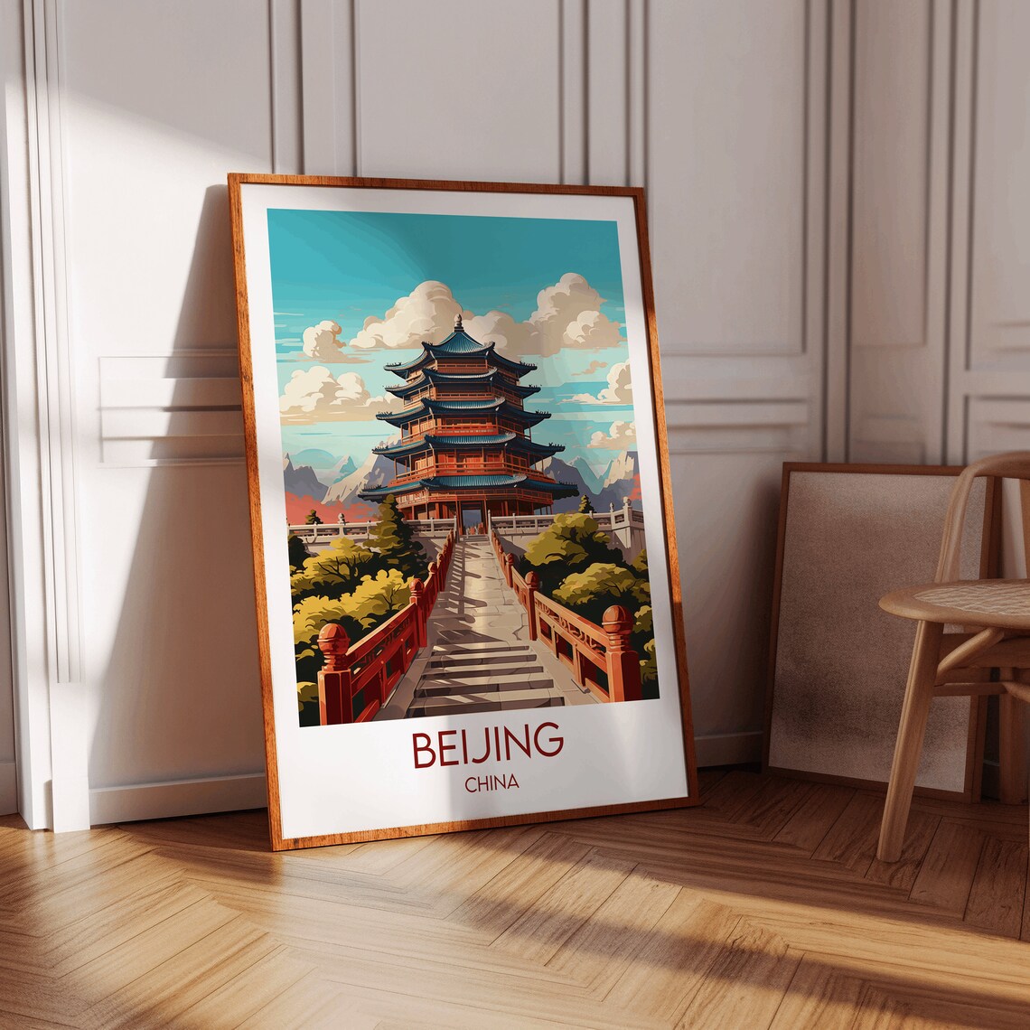 Beijing China Imperial Red Pagoda and Mountains Travel Poster - Image 2