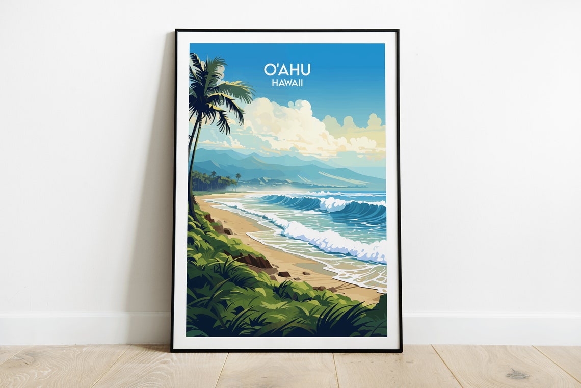 Oahu Hawaii Sandy Beach Palm Trees Ocean Waves Travel Poster