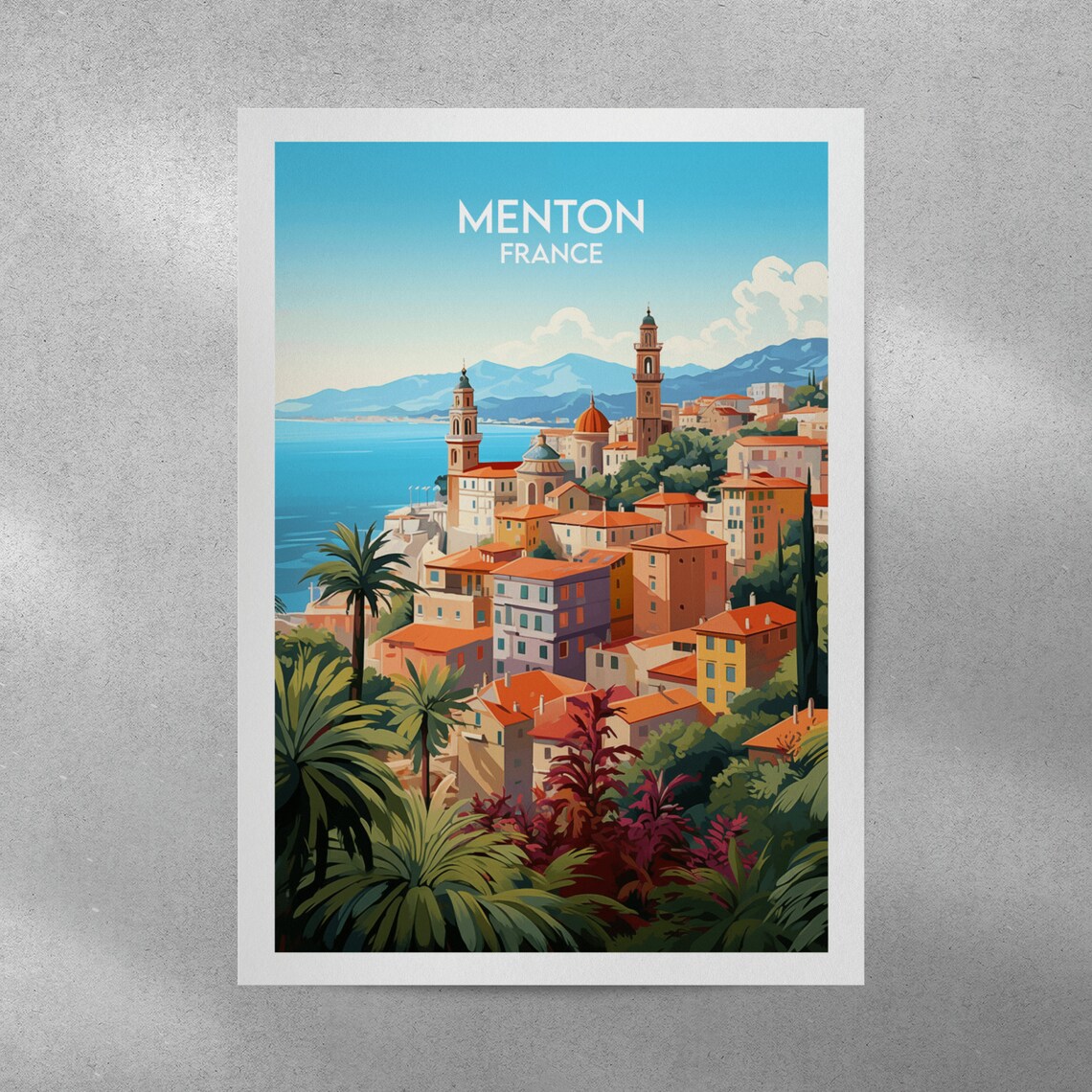 Menton France Old Town Church Towers Coast View Travel Poster - Image 3