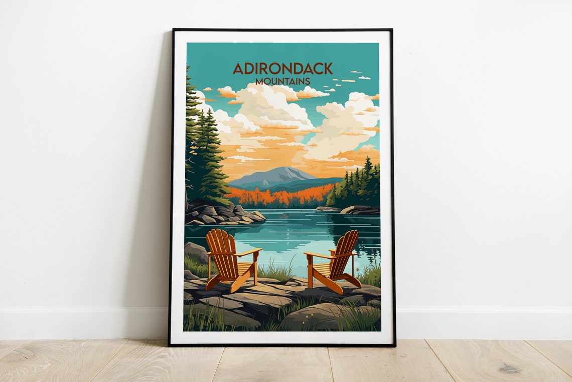 Adirondack Mountains Lake Shore Chairs Relaxing Travel Poster