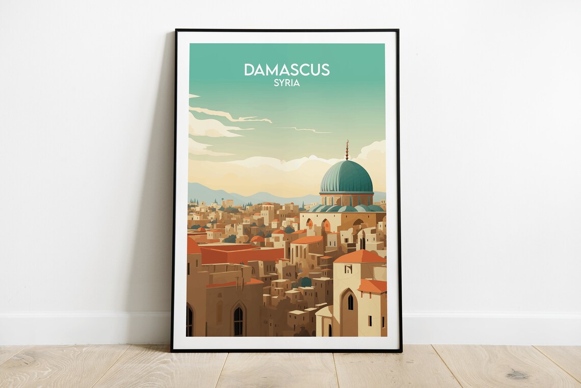 Damascus Syria Grand Old City Dome Skyline Vintage Travel Poster