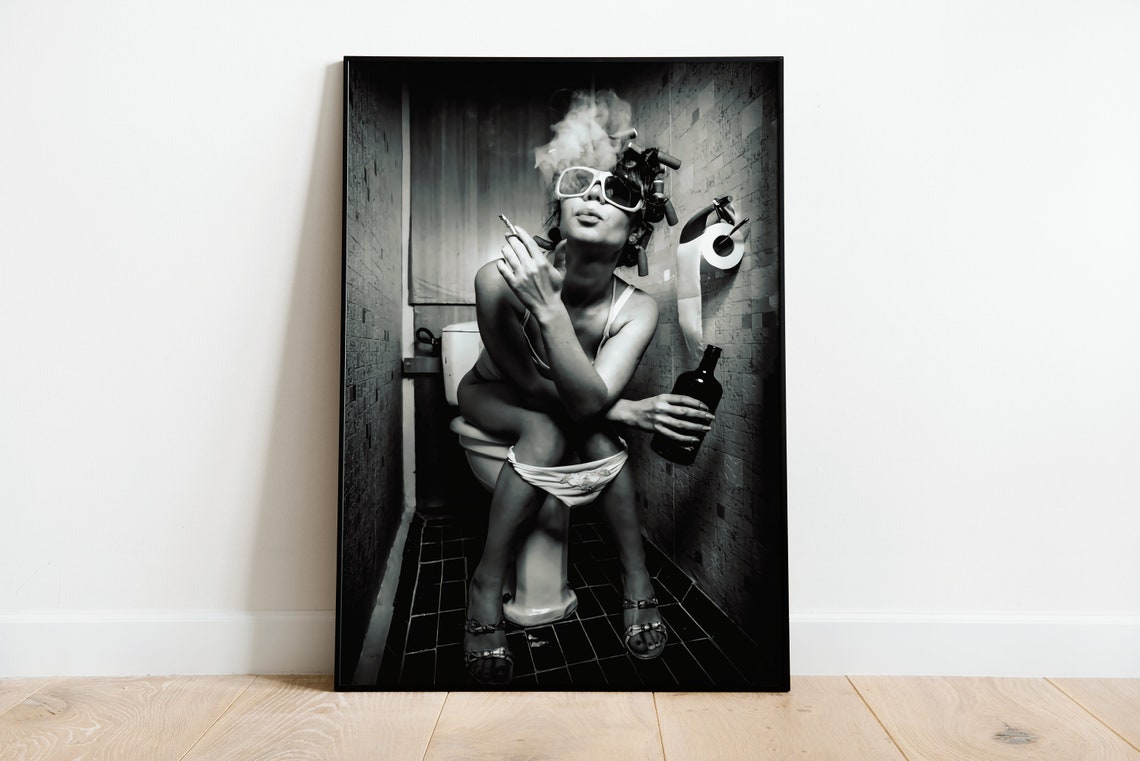 Edgy Black White Photo Woman Smoking on Toilet Bathroom Poster