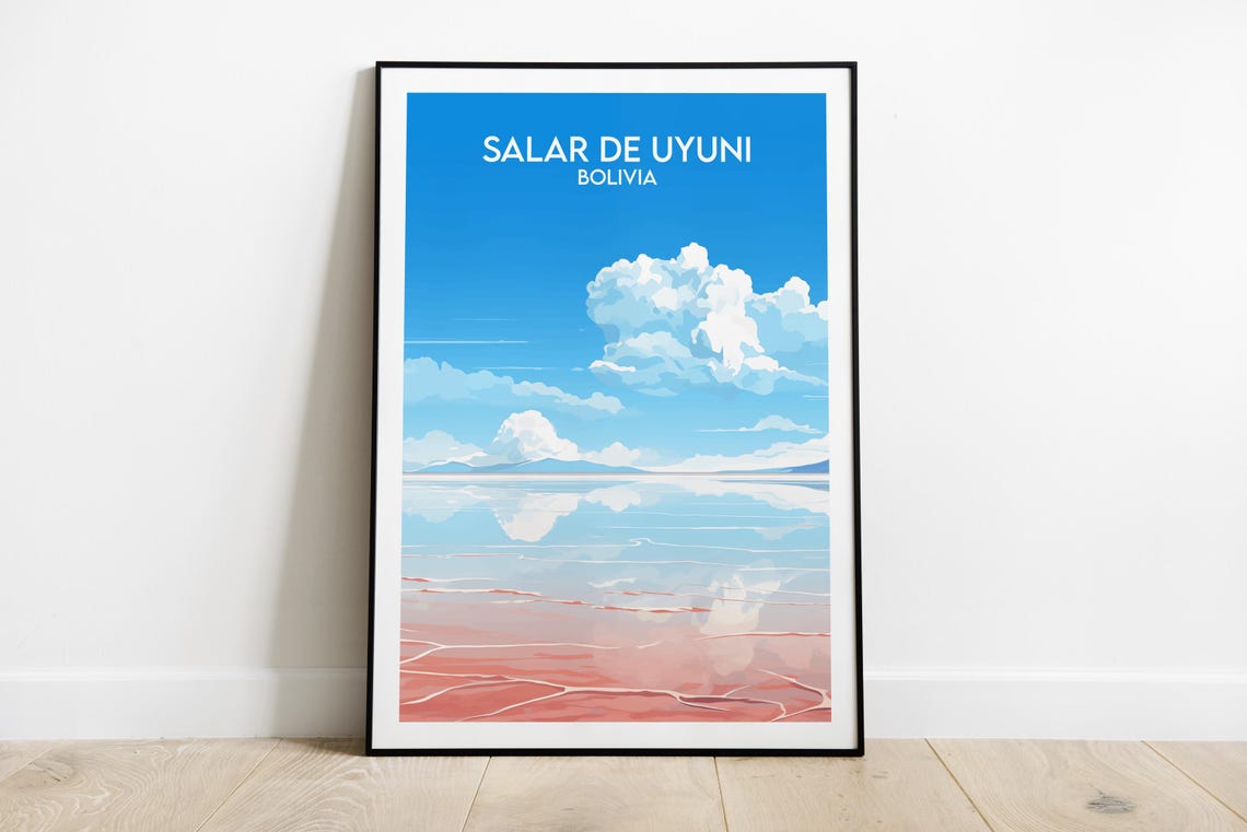 Uyuni Salt Flats Bolivia Sky Mirror Minimalist Blue Travel Poster