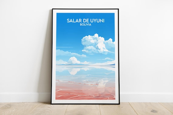 Uyuni Salt Flats Bolivia Sky Mirror Minimalist Blue Travel Poster