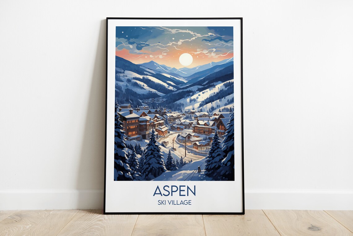 Aspen Ski Village Illustrated Sunset Snowy Mountain Town Travel Poster