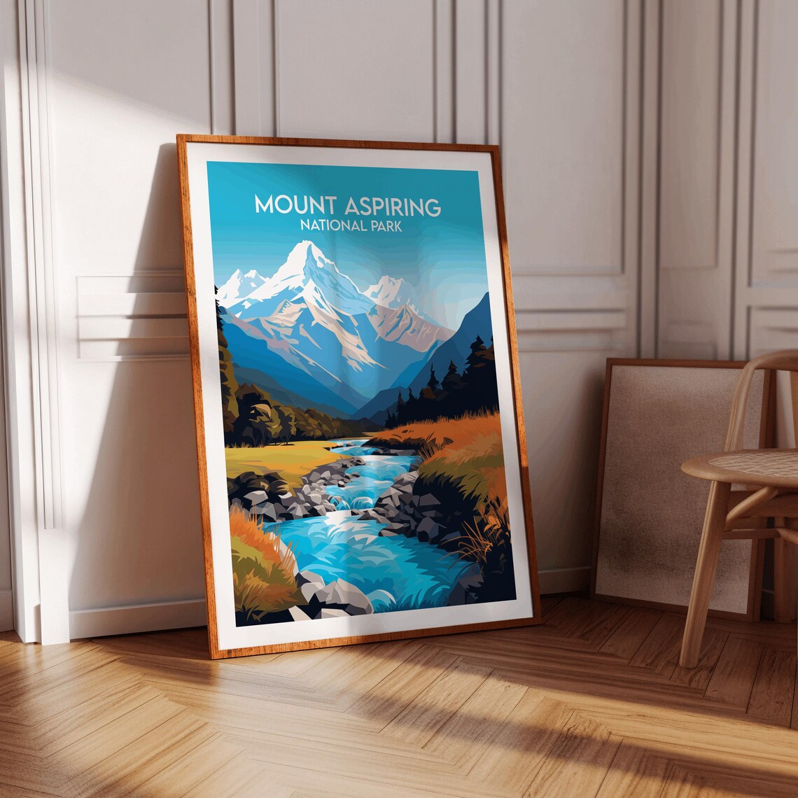 Mount Aspiring National Park Vintage Travel Style River Poster - Image 3