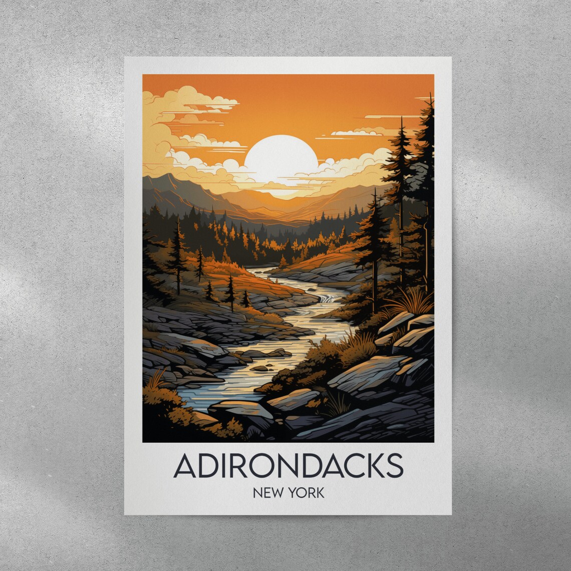 Adirondacks New York Sunset Rocky River Gorge Scene Travel Poster - Image 3