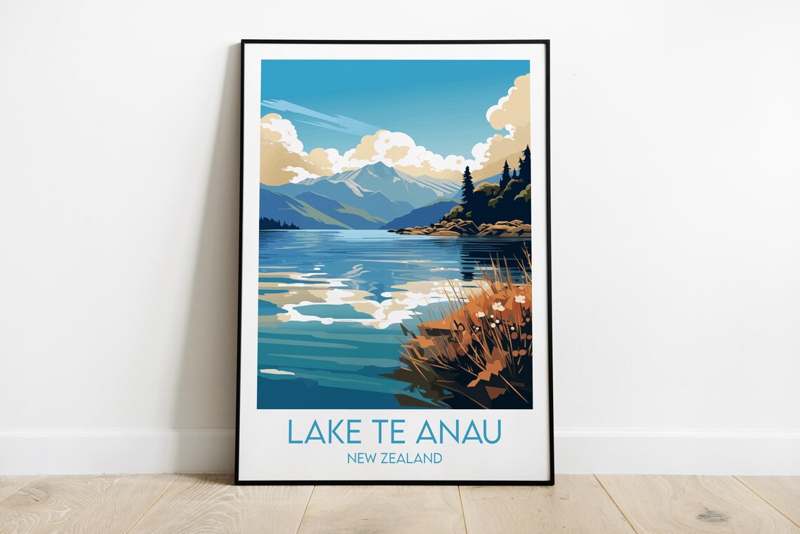 Lake Te Anau New Zealand Blue Water Reflections Scenic Travel Poster