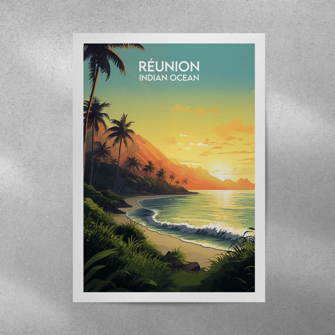 Reunion Indian Ocean Tropical Beach Palm Sunset Travel Poster - Image 4