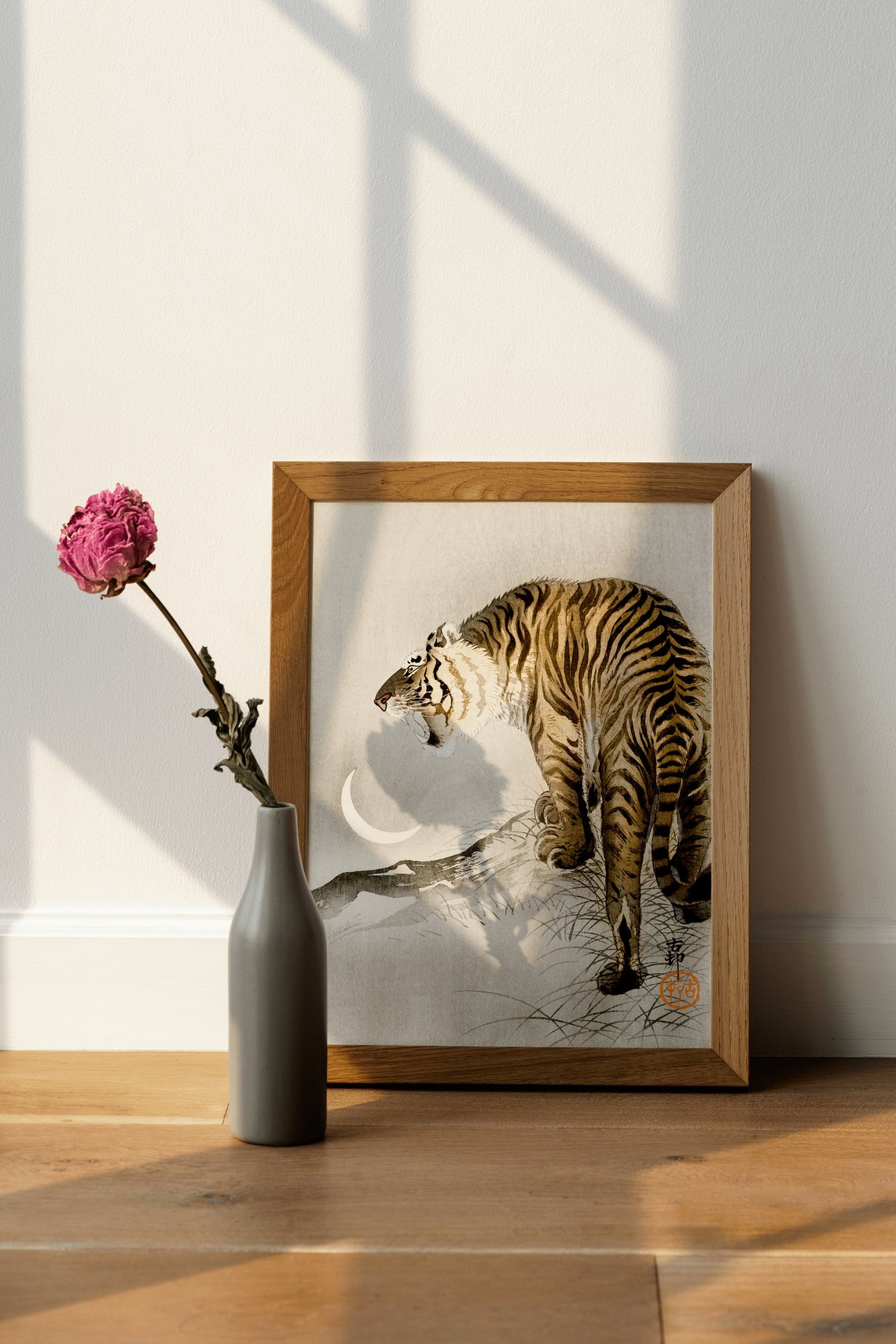 Vintage Japanese Tiger Crescent Moon Minimal Wildlife Art Print - Image 4
