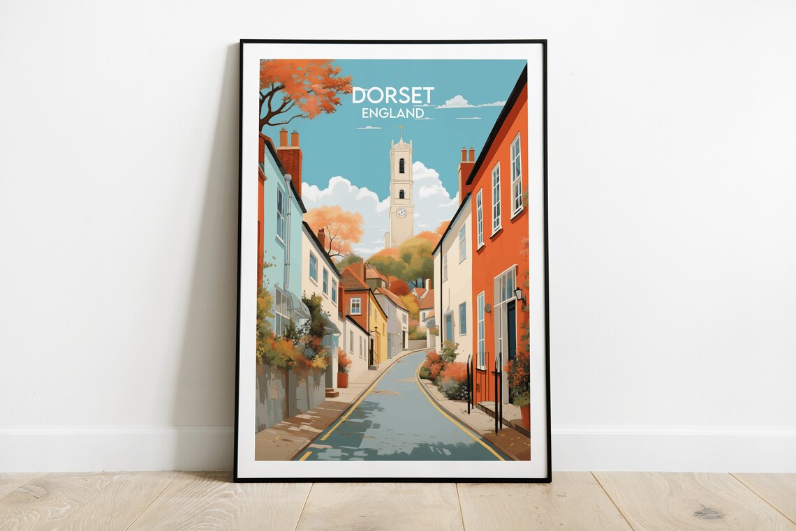 Dorset England Village Street Church Tower Autumn Travel Poster
