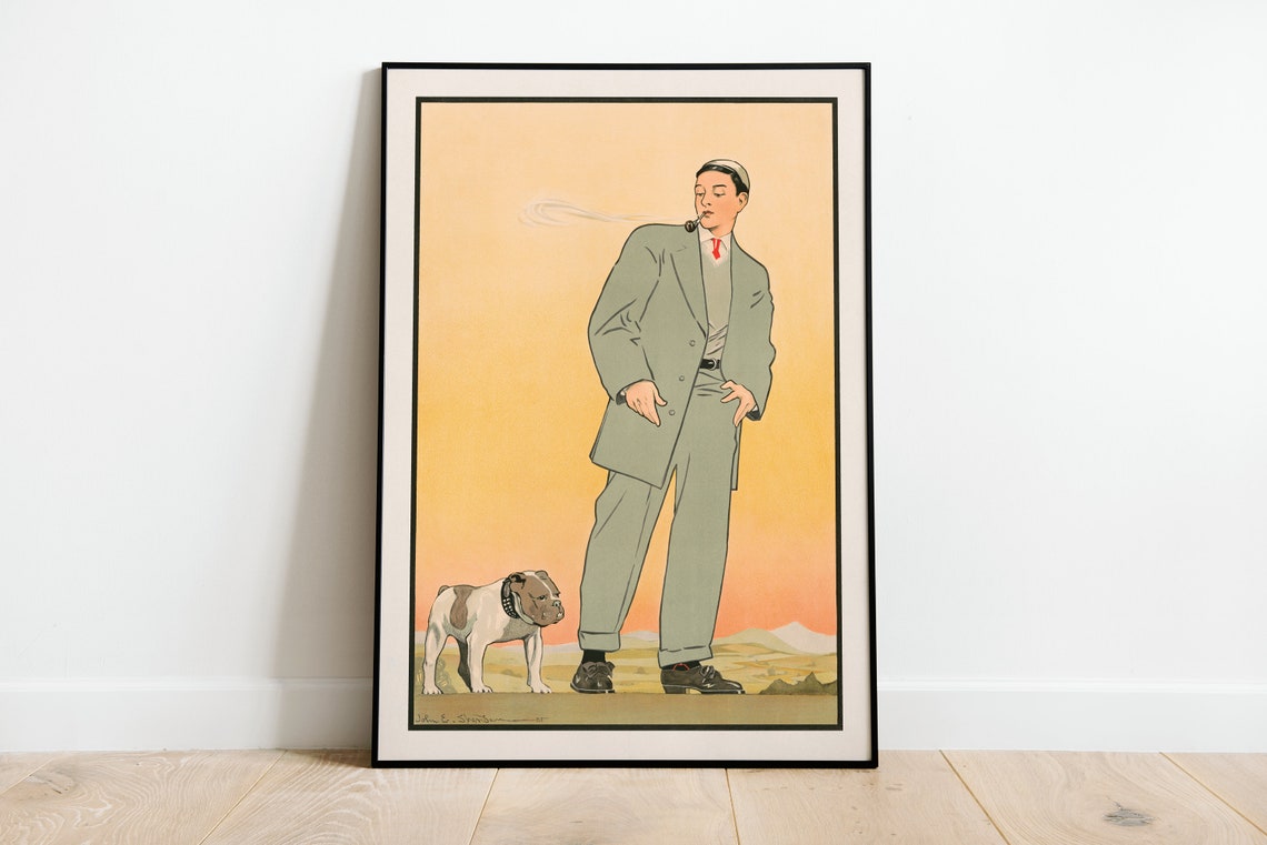 Vintage Gentleman with Pipe and Bulldog at Sunset Illustration Poster