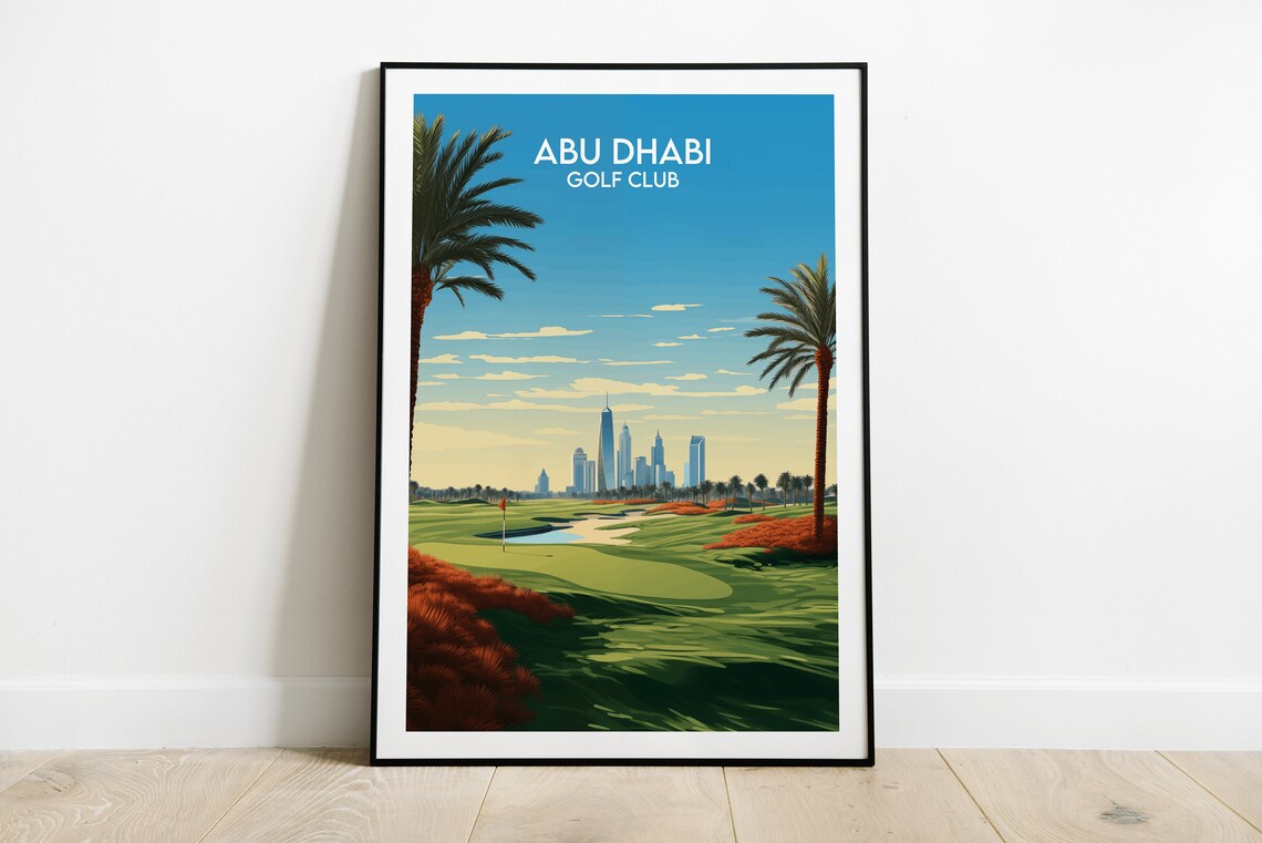 Abu Dhabi Golf Club Retro Travel Art Print with Palm Trees Skyline