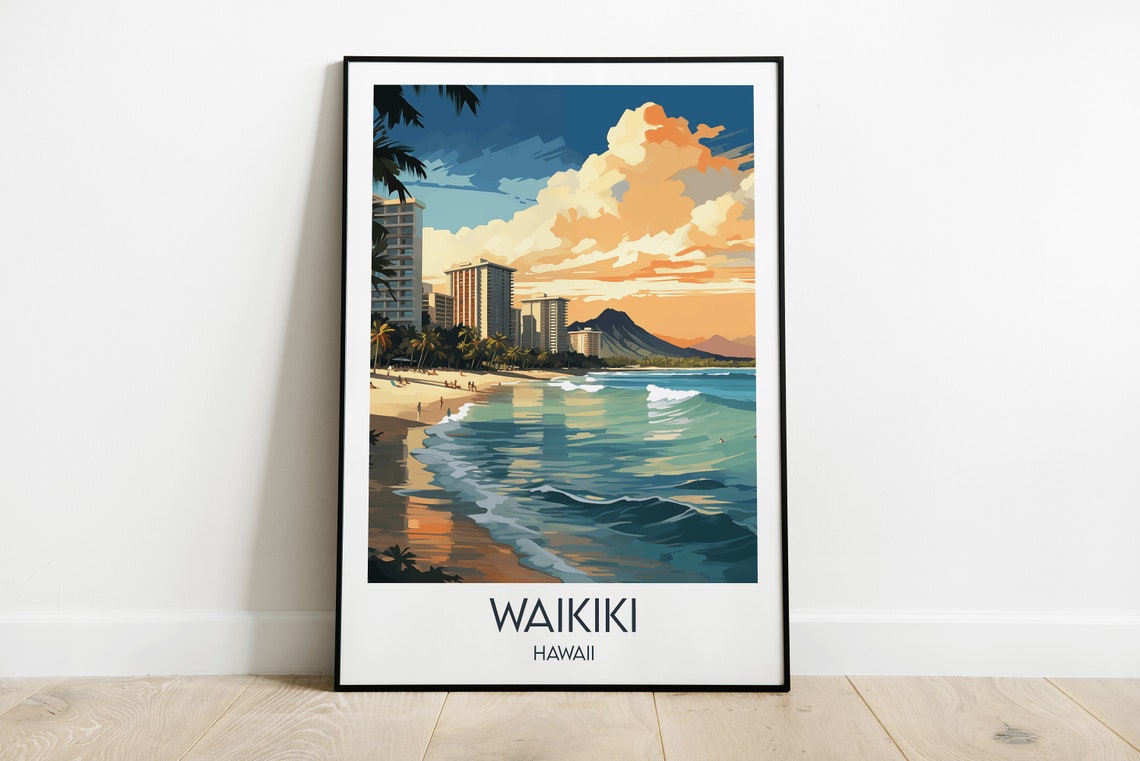 Waikiki Hawaii Beach Diamond Head Ocean Surf Retro Travel Poster