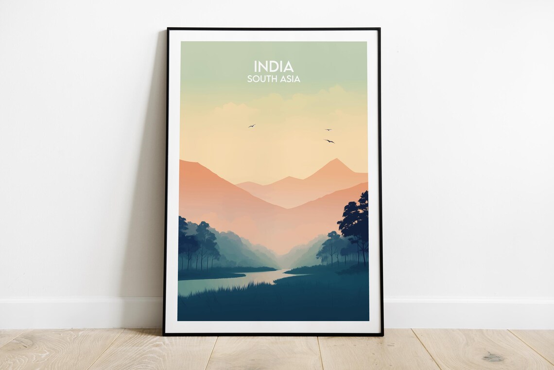 India South Asia Dawn Mountains River Minimalist Travel Poster