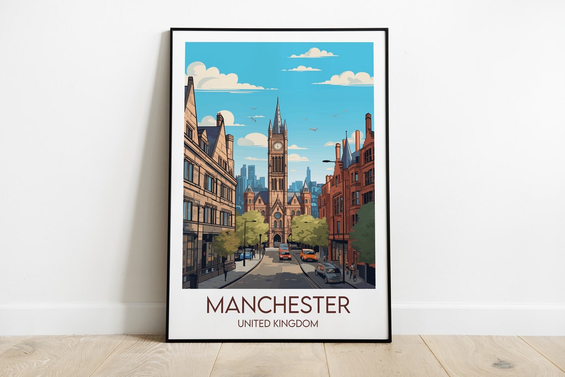 Manchester United Kingdom Clock Tower Street City Scene Art Poster