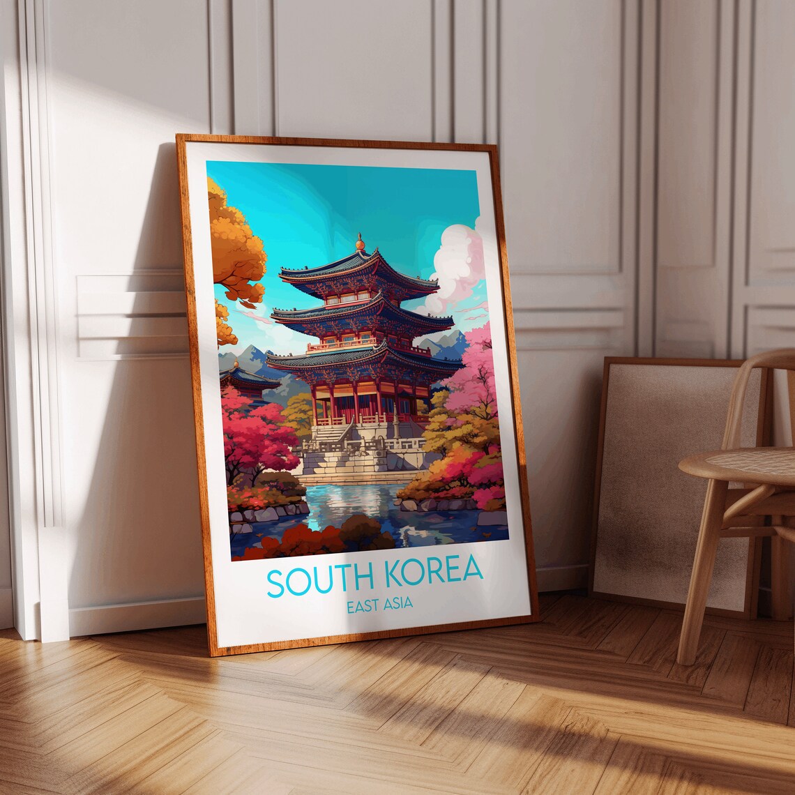 South Korea East Asia Temple Pagoda Pink Blossom Pond Travel Poster - Image 3