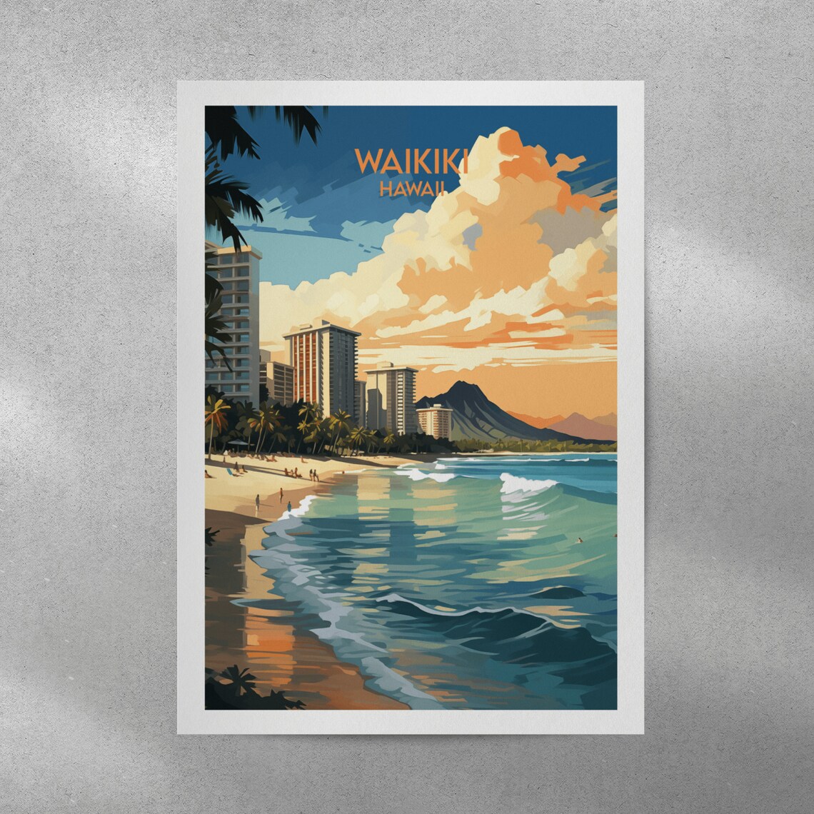 Waikiki Hawaii Sunset Beach Palm Skyline Resort Travel Poster - Image 3